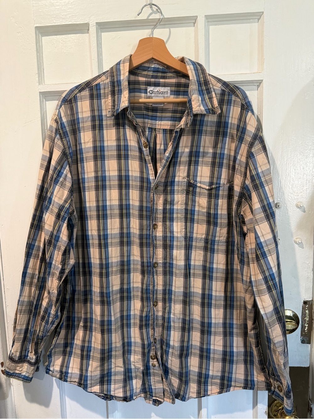 Carhartt Men’s Blue and Cream Plaid Button-Down Shirt